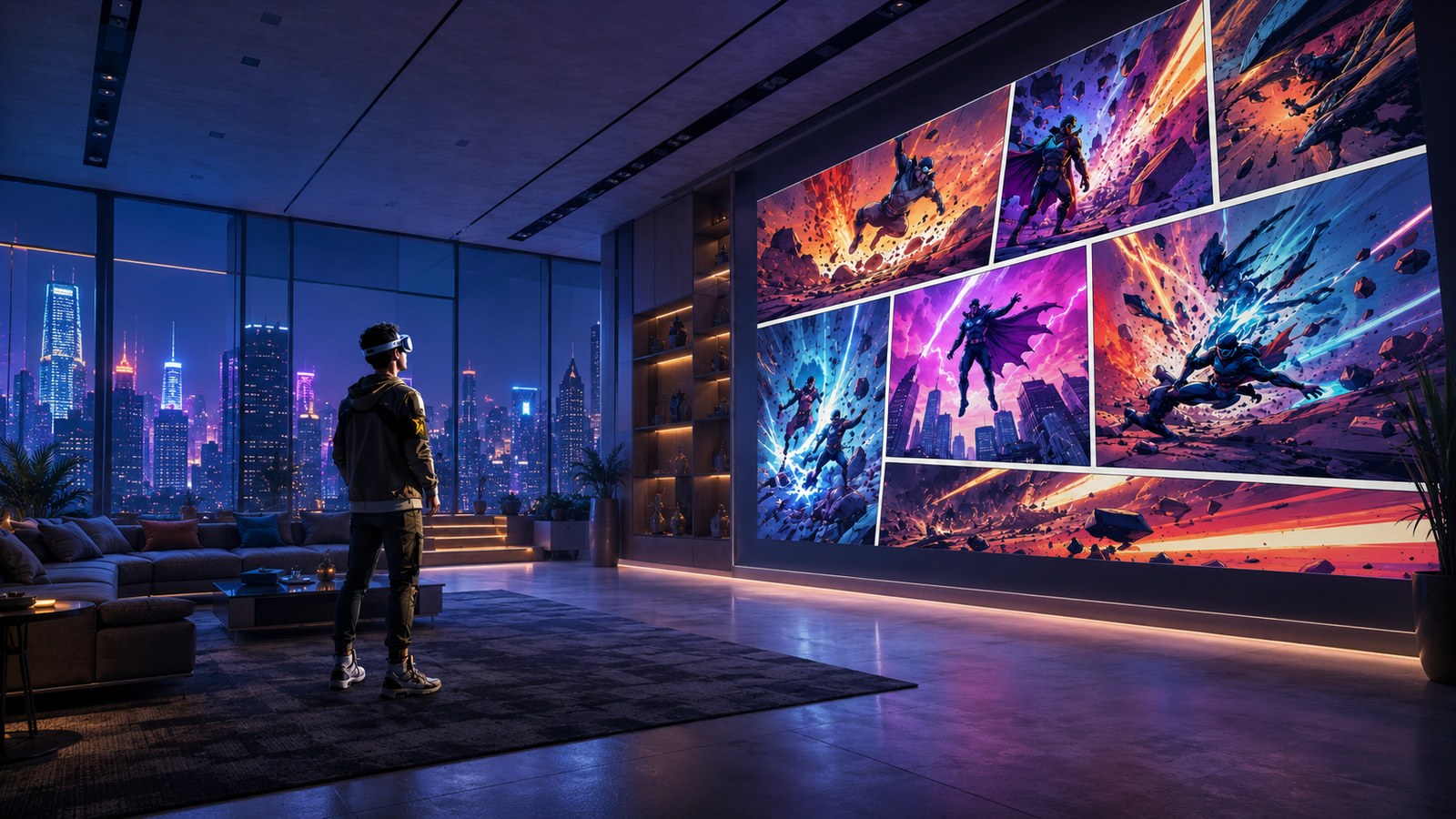 A reader in a VR headset standing before a wall-sized colour comic spread